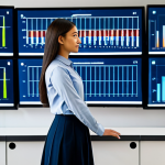 A professional AI researcher, a woman with a focused expression, wearing a modest business casual outfit, stands in a modern data science lab. Large transparent screens display intricate data visualizations, including evolving recommendation algorithms and abstract user profile graphs. The atmosphere is clean and high-tech, emphasizing innovation and deep learning. The image should be a professional photograph with soft, diffused lighting. fully clothed, modest clothing, appropriate attire, professional dress, safe for work, appropriate content, professional, perfect anatomy, correct proportions, natural pose, well-formed hands, proper finger count, natural body proportions, high quality.