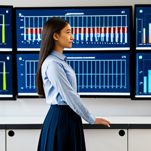A professional AI researcher, a woman with a focused expression, wearing a modest business casual outfit, stands in a modern data science lab. Large transparent screens display intricate data visualizations, including evolving recommendation algorithms and abstract user profile graphs. The atmosphere is clean and high-tech, emphasizing innovation and deep learning. The image should be a professional photograph with soft, diffused lighting. fully clothed, modest clothing, appropriate attire, professional dress, safe for work, appropriate content, professional, perfect anatomy, correct proportions, natural pose, well-formed hands, proper finger count, natural body proportions, high quality.