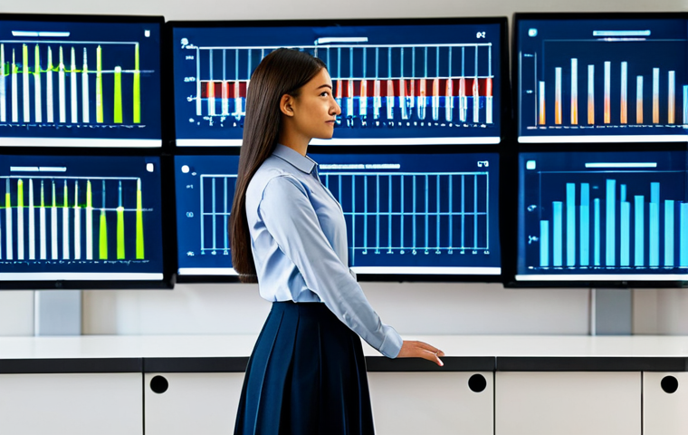 A professional AI researcher, a woman with a focused expression, wearing a modest business casual outfit, stands in a modern data science lab. Large transparent screens display intricate data visualizations, including evolving recommendation algorithms and abstract user profile graphs. The atmosphere is clean and high-tech, emphasizing innovation and deep learning. The image should be a professional photograph with soft, diffused lighting. fully clothed, modest clothing, appropriate attire, professional dress, safe for work, appropriate content, professional, perfect anatomy, correct proportions, natural pose, well-formed hands, proper finger count, natural body proportions, high quality.