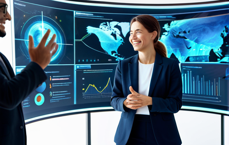 A diverse group of professional individuals, fully clothed in modern business casual attire, interacting with a futuristic, transparent holographic interface that displays highly personalized and surprising content. One person smiles in genuine delight at a recommendation, reflecting emotional resonance. The setting is a clean, spacious, technologically advanced office or a collaborative innovation hub, with subtle, abstract data visualizations and flowing light streams in the background, symbolizing intelligent understanding and data insights. High-resolution, professional studio lighting, sharp focus, vibrant colors, intricate details, cinematic photography, safe for work, appropriate content, professional dress, perfect anatomy, correct proportions, natural pose, well-formed hands, proper finger count, natural body proportions.