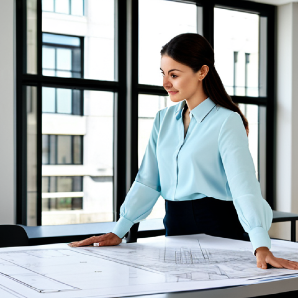 **
A professional architect, fully clothed in a stylish yet modest outfit (slacks and a blouse, or similar), standing in a bright, modern architectural office. Blueprints are visible on a large table. Natural lighting, perfect anatomy, correct proportions, well-formed hands, proper finger count, natural body proportions, safe for work, appropriate content, fully clothed, professional, family-friendly.
**