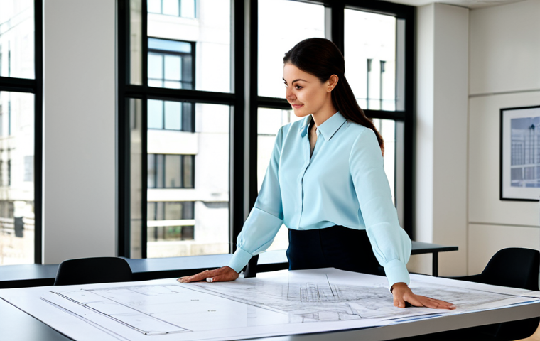 **

A professional architect, fully clothed in a stylish yet modest outfit (slacks and a blouse, or similar), standing in a bright, modern architectural office. Blueprints are visible on a large table.  Natural lighting, perfect anatomy, correct proportions, well-formed hands, proper finger count, natural body proportions, safe for work, appropriate content, fully clothed, professional, family-friendly.

**