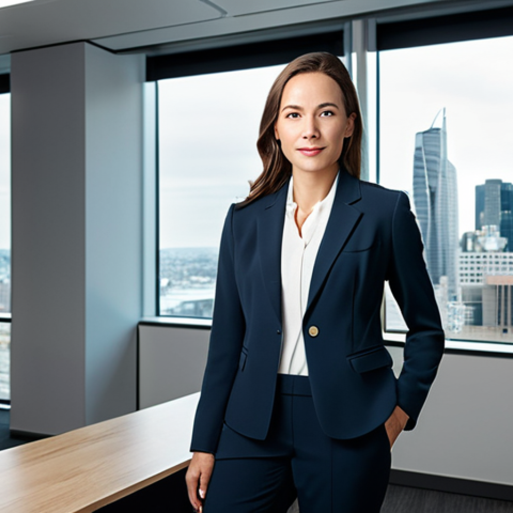 **Professional Portrait:** A confident businesswoman in a tailored, modest blazer and dress pants, standing in a modern office with large windows overlooking a city skyline, fully clothed, appropriate attire, safe for work, perfect anatomy, natural proportions, professional corporate photography, bright and clean lighting.