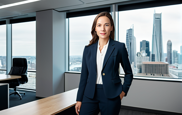 **Professional Portrait:** A confident businesswoman in a tailored, modest blazer and dress pants, standing in a modern office with large windows overlooking a city skyline, fully clothed, appropriate attire, safe for work, perfect anatomy, natural proportions, professional corporate photography, bright and clean lighting.
