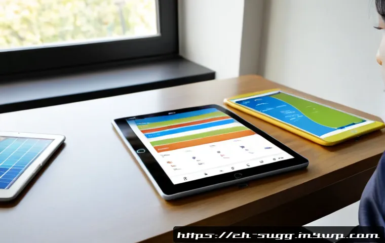 추천 시스템의 성능 개선을 위한 A B 테스트 - Photorealistic data analyst comparing two tablet interfaces side by side on a clean modern desk, eac...